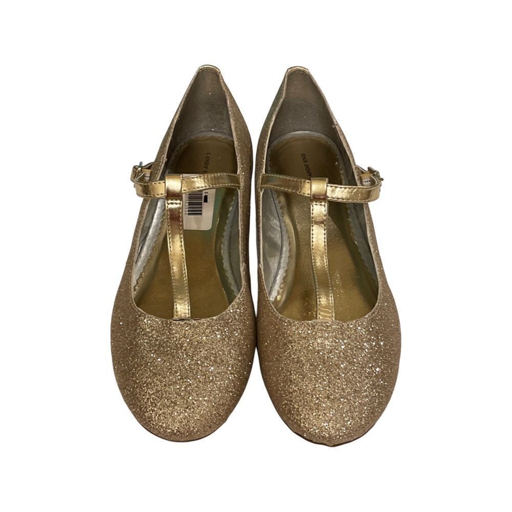 LANDS' END Girls' Sparkly Gold Mary Jane T Strap Dress Shoes Size 6